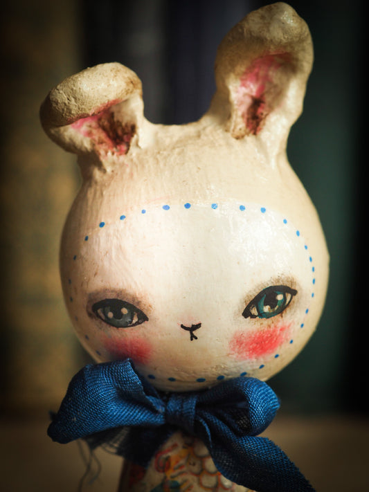 Adorable Easter Bunny Rabbit handmade kokesi wooden mini art doll by Danita Art craft project made with modeling clay silk ribbon and decoupage applications
