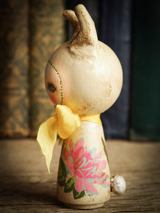 Adorable Easter Bunny Rabbit handmade kokesi wooden mini art doll by Danita Art craft project made with modeling clay silk ribbon and decoupage applications