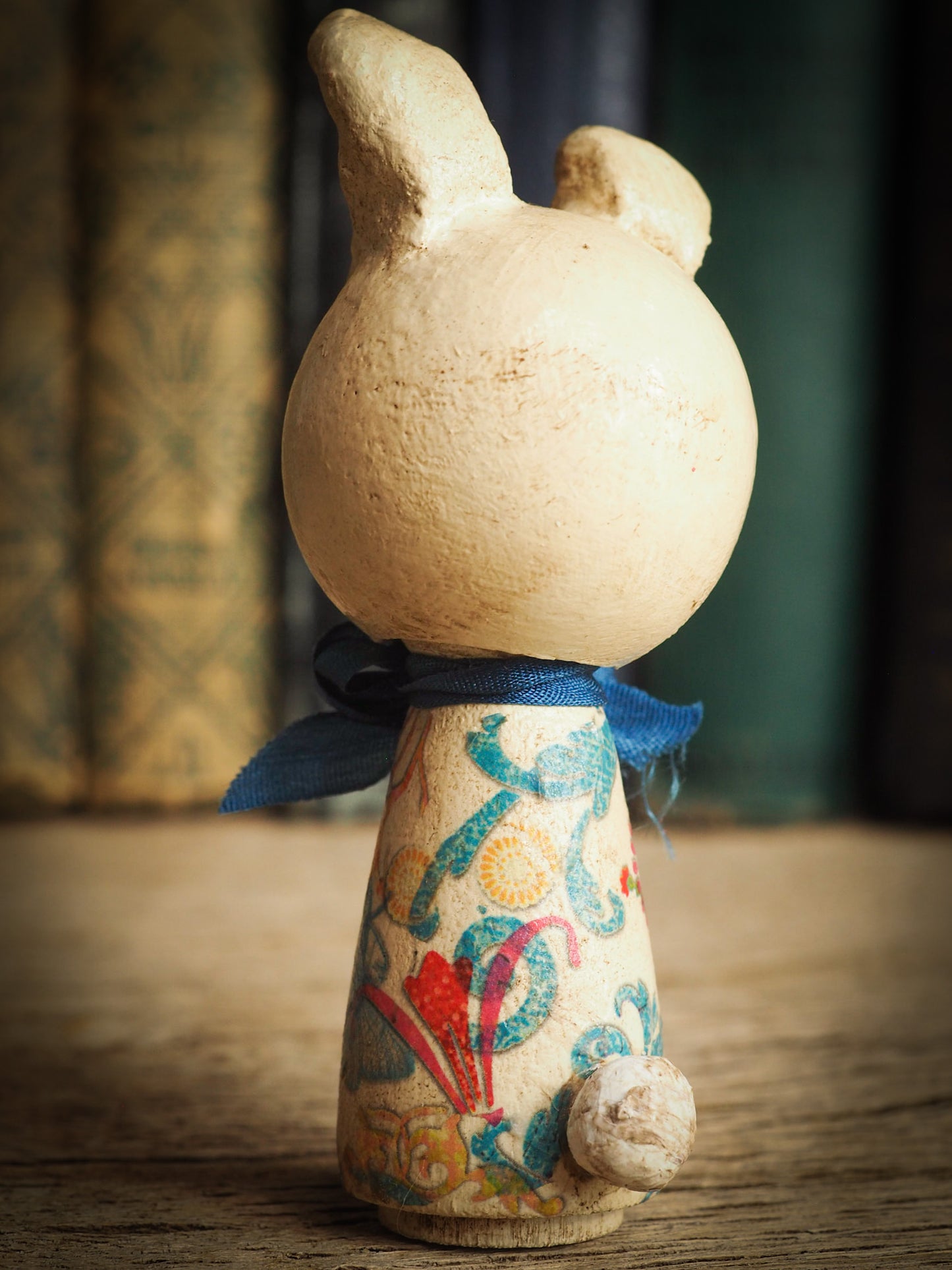 Adorable Easter Bunny Rabbit handmade kokesi wooden mini art doll by Danita Art craft project made with modeling clay silk ribbon and decoupage applications
