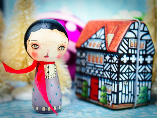 Violet Winter Kokeshi with Tin House, Miniature Dolls by Danita Art