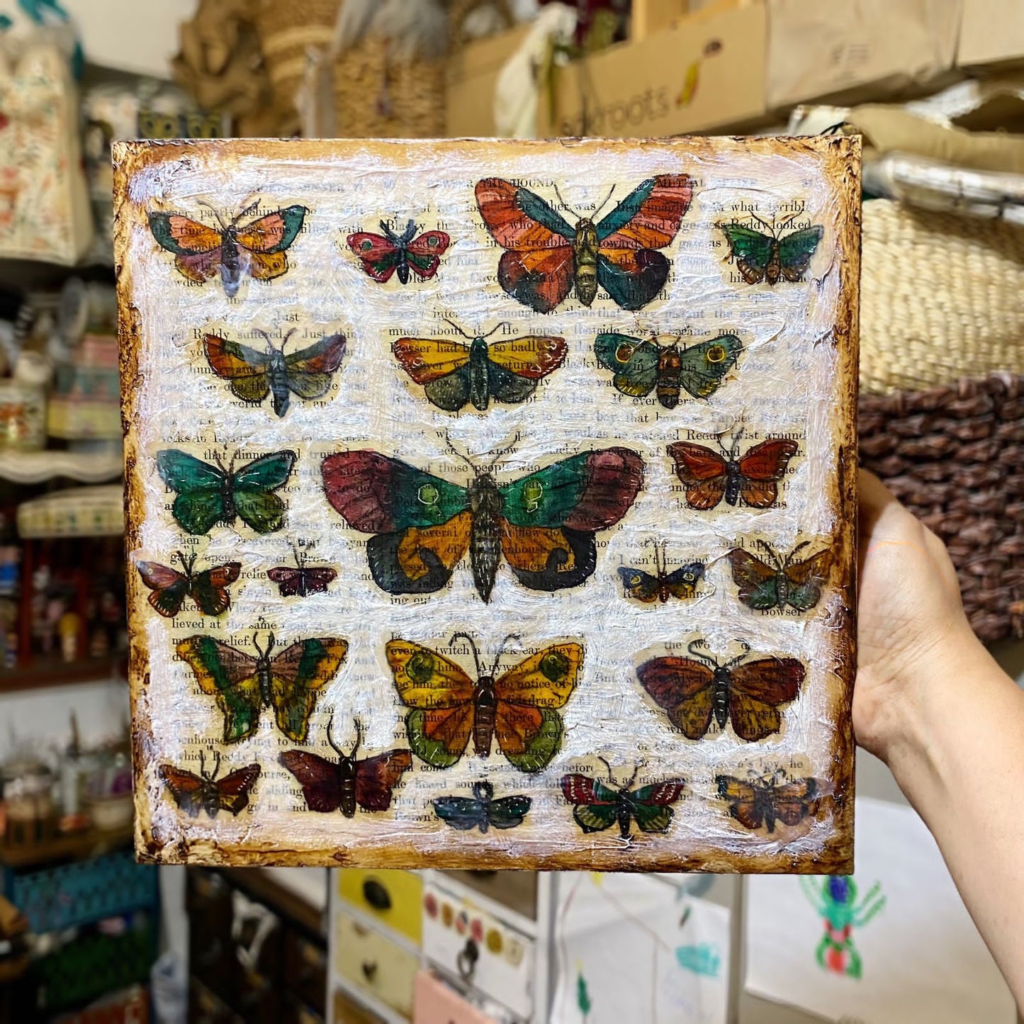 A beautiful original mixed media painting by Idania Salcido, the artist behind Danita Art. My fascination for moths brought me to create this beautiful original in mixed media, with butterflies and moths painted using acrylics, oils, pastels, color and graphite pencils and paper collage for a really special mixed media unique work of art.