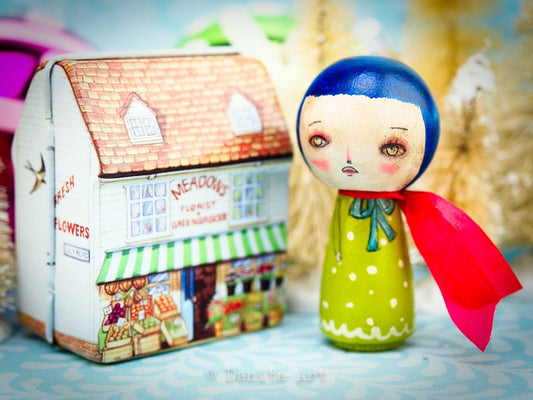 Green Winter Kokeshi with Tin House, Miniature Dolls by Danita Art