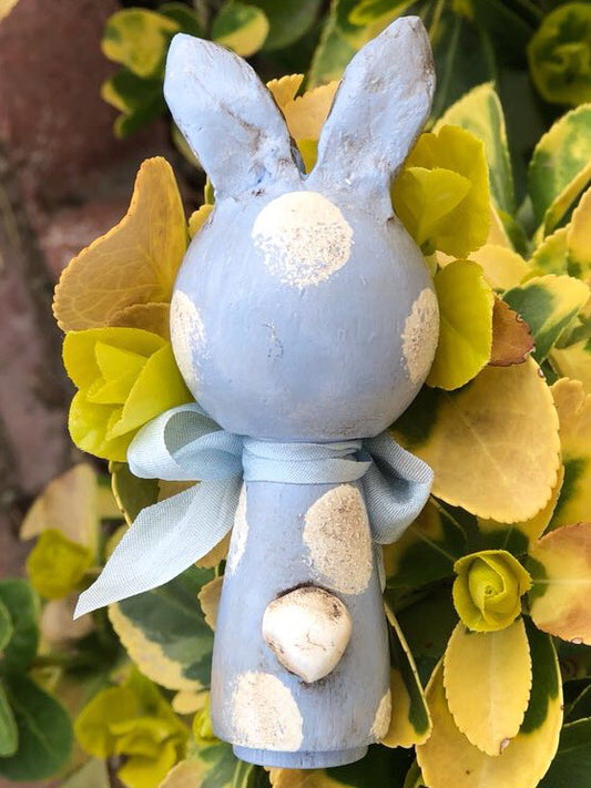 BOB. A purple polka dot Easter bunny rabbit kokeshi doll by Danita., Miniature Dolls by Danita Art