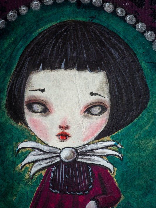 Original painting by Danita, a vampire undead zombie ghoul girl with Halloween with a skull pumpkin jack-o-lantern in her arms. Whimsical and surreal art perfect as home decor this Halloween Night.