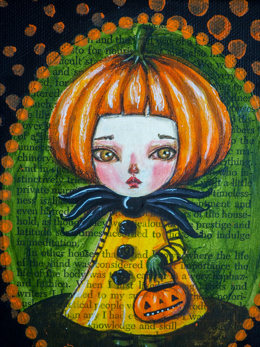 Original mixed media watercolor acrylic and pastel Halloween jack-o-lantern pumpkin girl painting by Danita Art