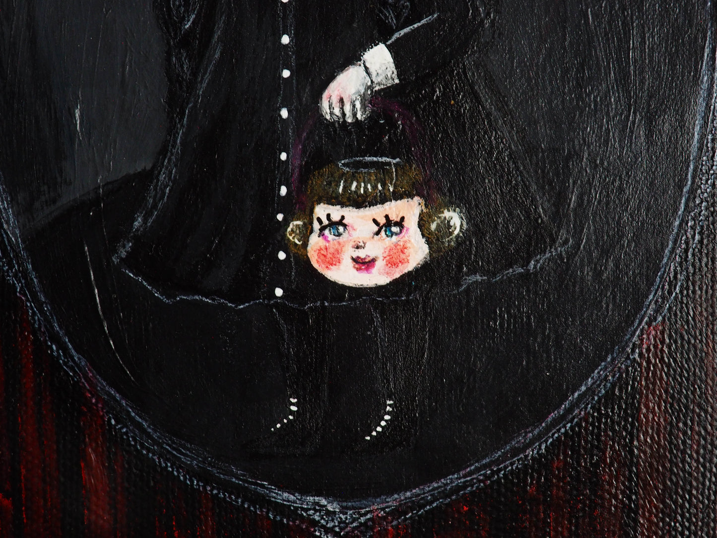 Wednesday Addams as an original mixed media Halloween art painting by Danita Art. The mysterious TV Character from the Addams Family is now a whimsical fan art illustration by Danita.