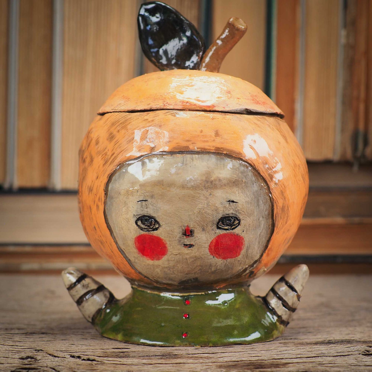 An original handmade piece by Idania Salcido, an adorable peach cookie jar and candy container, perfect for a modern kitchen with original unique decor items.