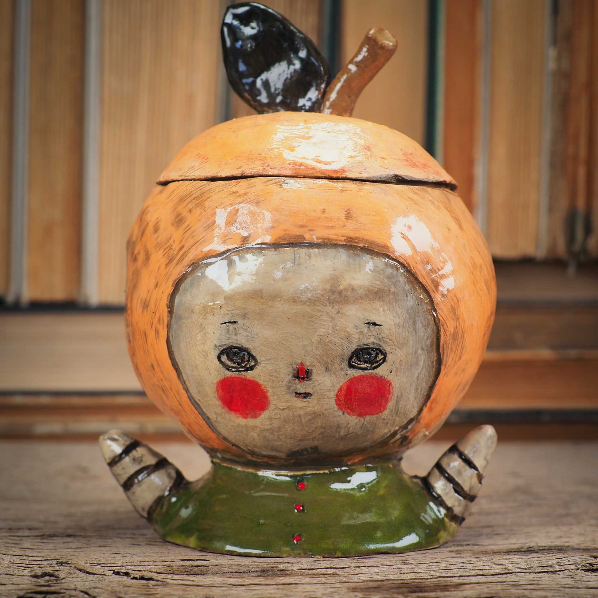An original handmade piece by Idania Salcido, an adorable peach cookie jar and candy container, perfect for a modern kitchen with original unique decor items.