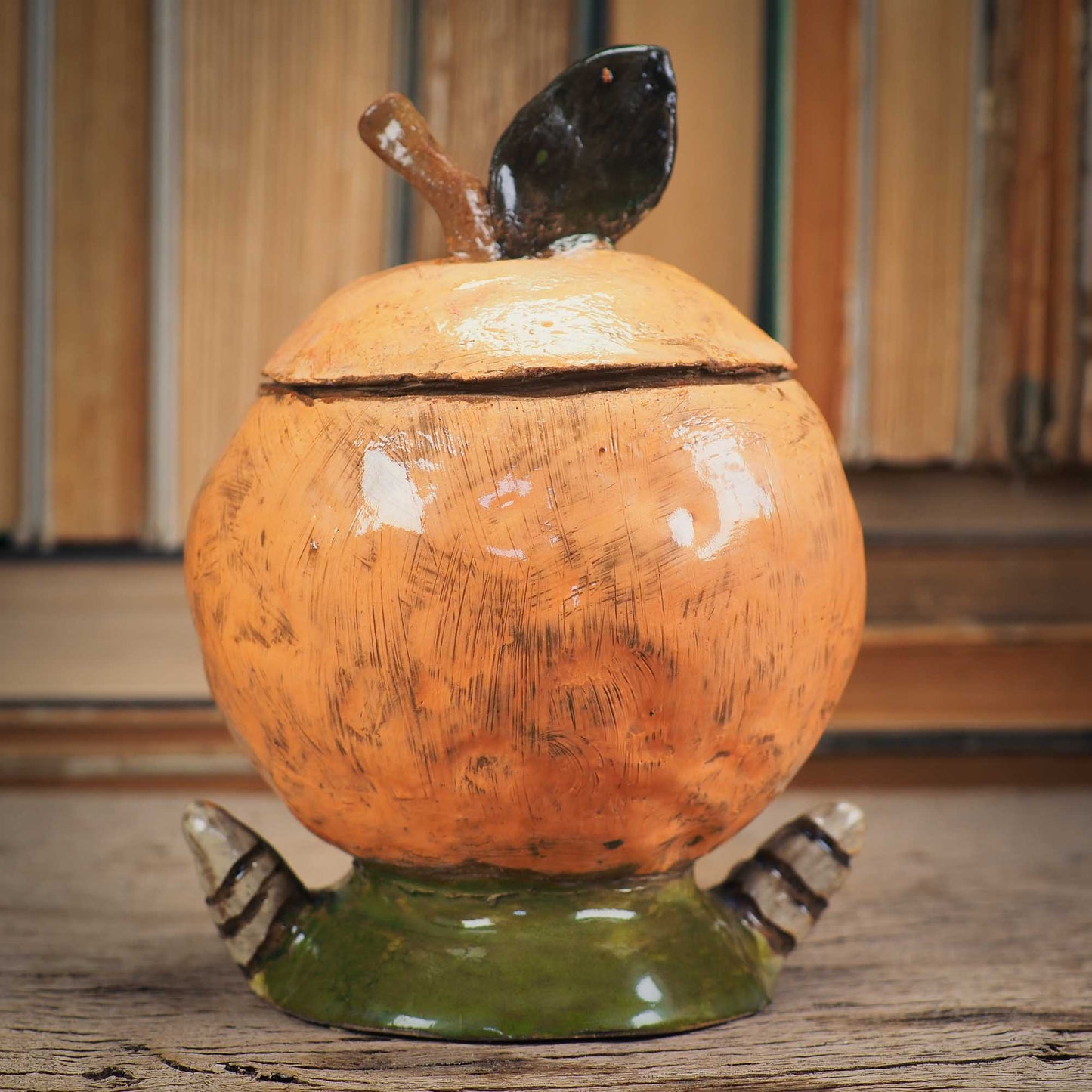 An original handmade piece by Idania Salcido, an adorable peach cookie jar and candy container, perfect for a modern kitchen with original unique decor items.