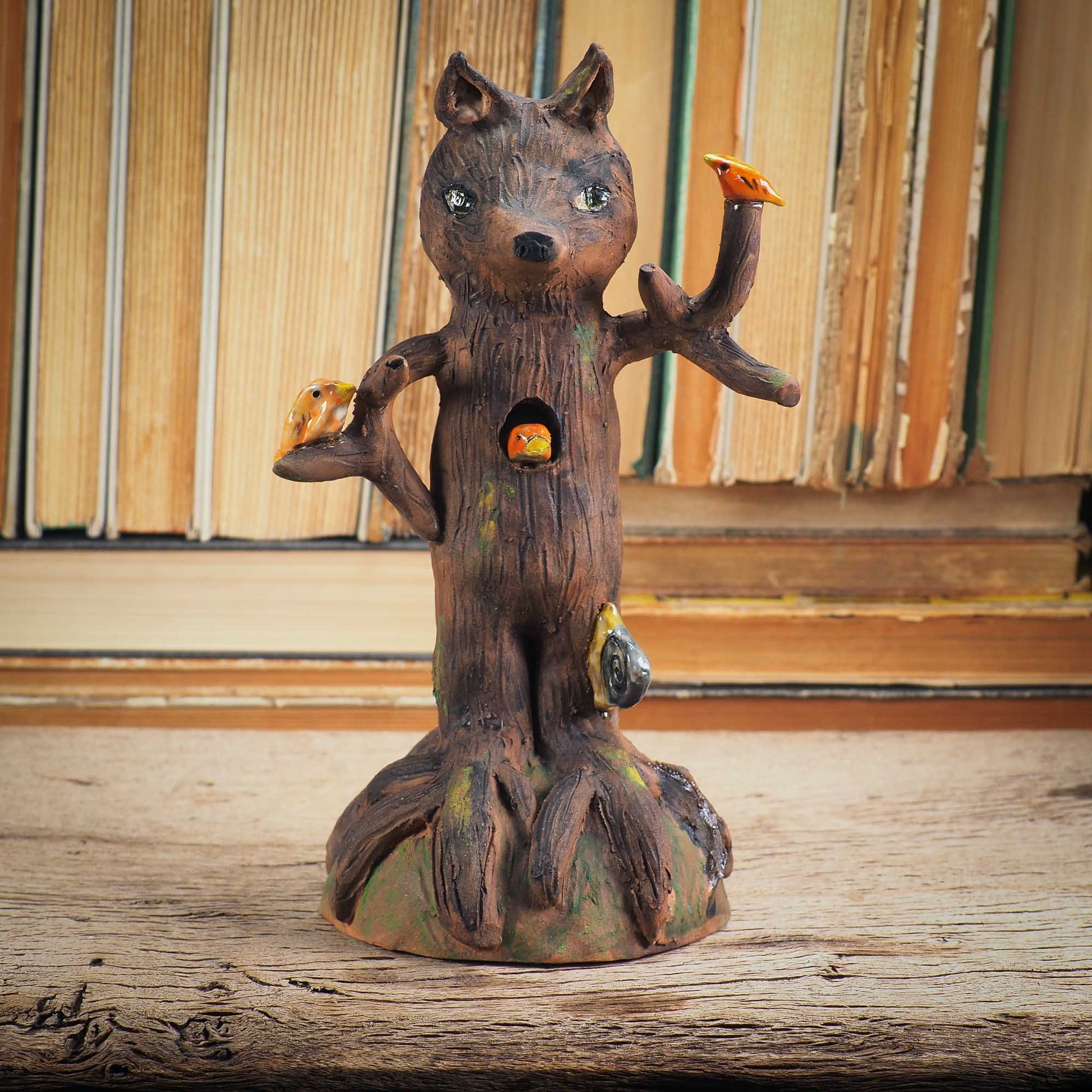 An original handmade piece by Idania Salcido, a wolf tree spirit that protects the forest animals from harm in his loving branches. Great unique decoration.