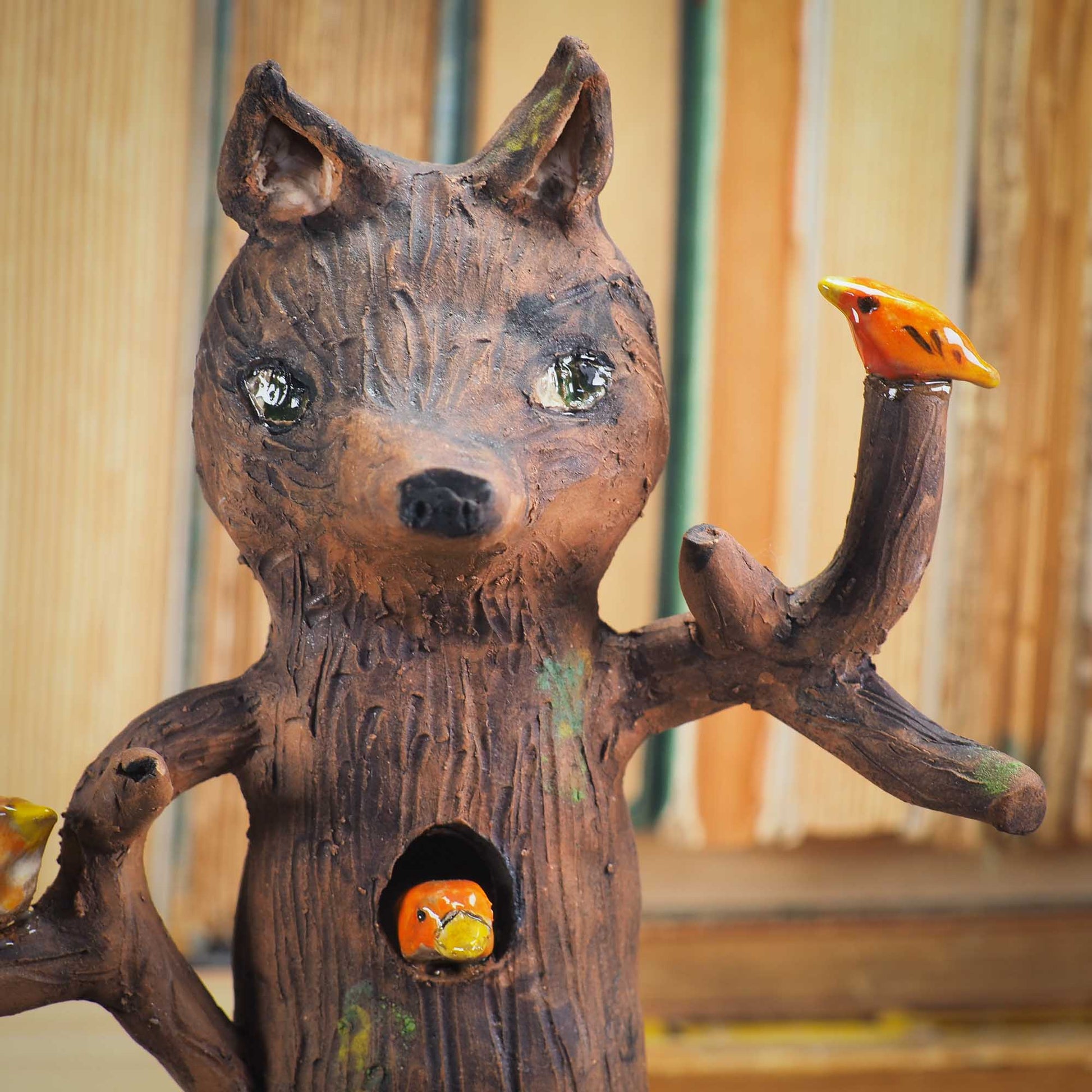 An original handmade piece by Idania Salcido, a wolf tree spirit that protects the forest animals from harm in his loving branches. Great unique decoration.