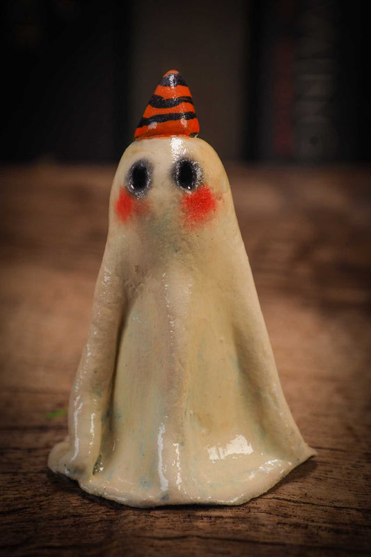 Small Halloween mini kokeshi art doll ghost figurine with sculpted white body. Made by Idania Salcido, Danita Art.