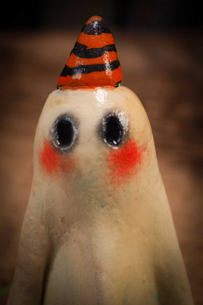 Small Halloween mini kokeshi art doll ghost figurine with sculpted white body. Made by Idania Salcido, Danita Art.