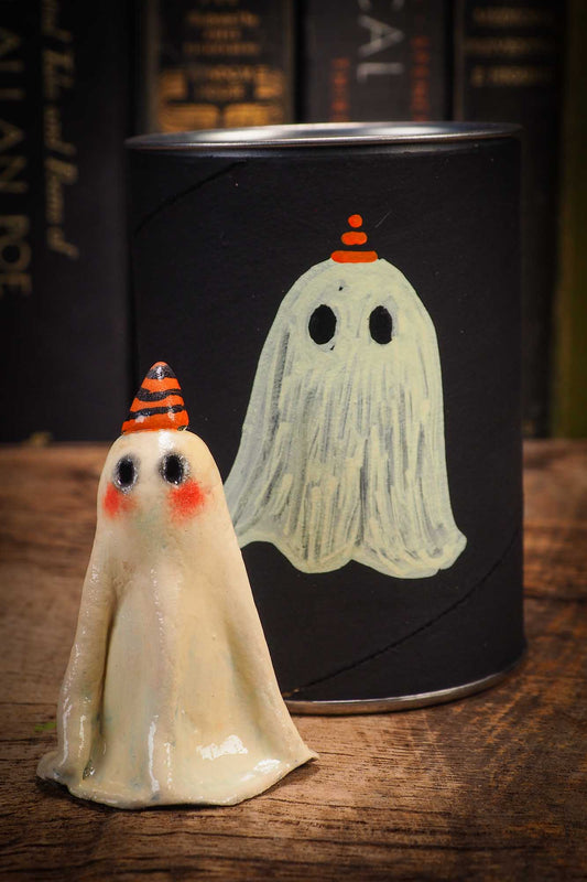 Small Halloween mini kokeshi art doll ghost figurine with sculpted white body. Made by Idania Salcido, Danita Art.