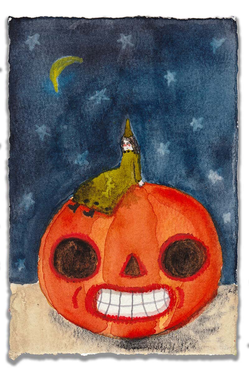 Celebrate Halloween with Idania Salcido colorful hand cut watercolor paper mini-painting art. 4x6 Inches original folk art outsider painting made by Danita Art.