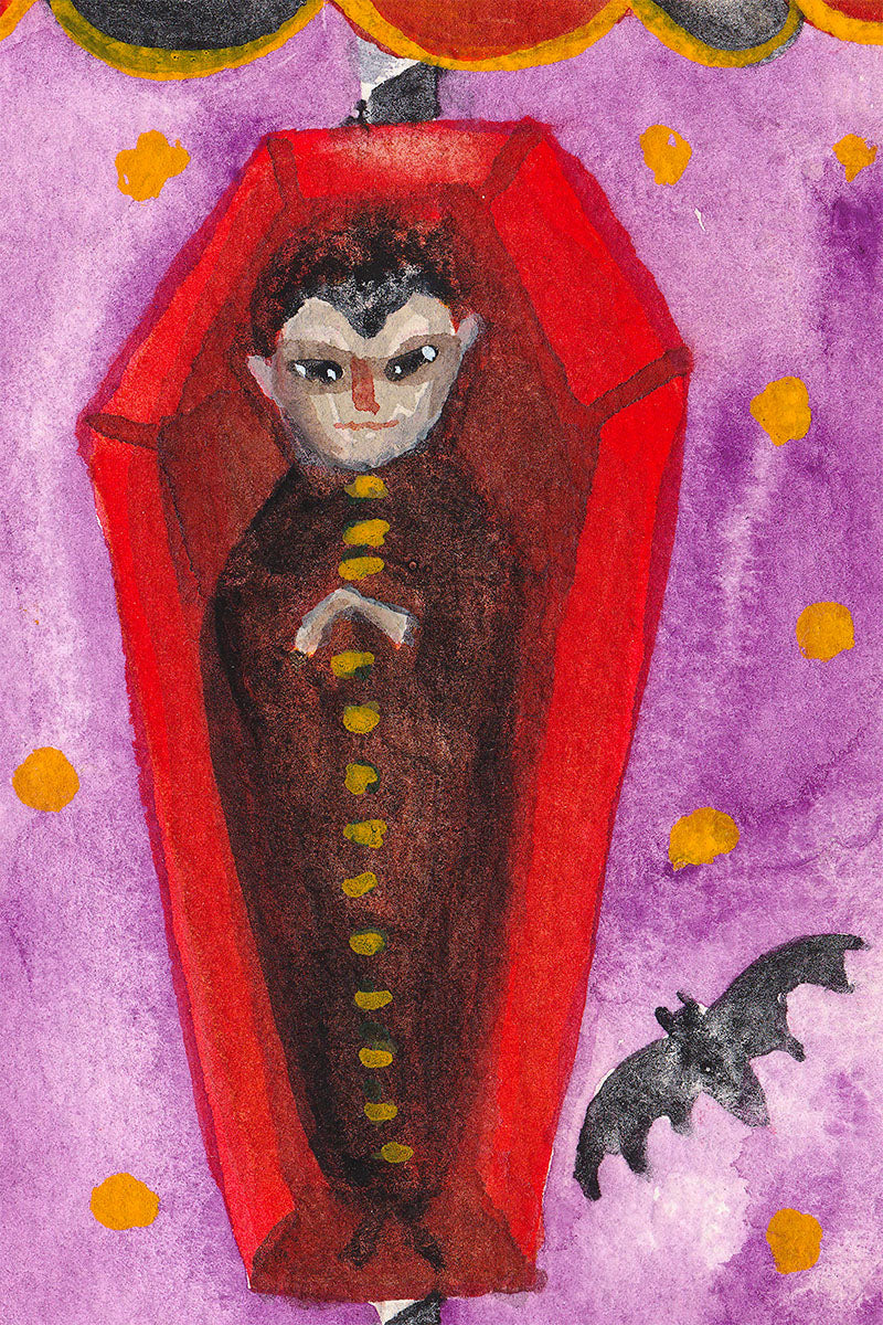 Celebrate Halloween with Idania Salcido colorful hand cut watercolor paper mini-painting art. 9x12 Inches original folk art outsider painting made by Danita Art