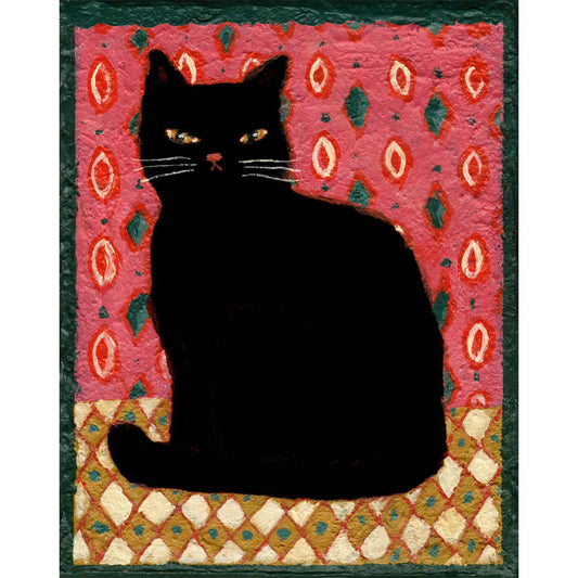 Charming black cat on vibrant folk-art patterns, hand-painted by Idania Salcido. 8x10” acrylic on canvas—perfect for adding warmth and character to your home.