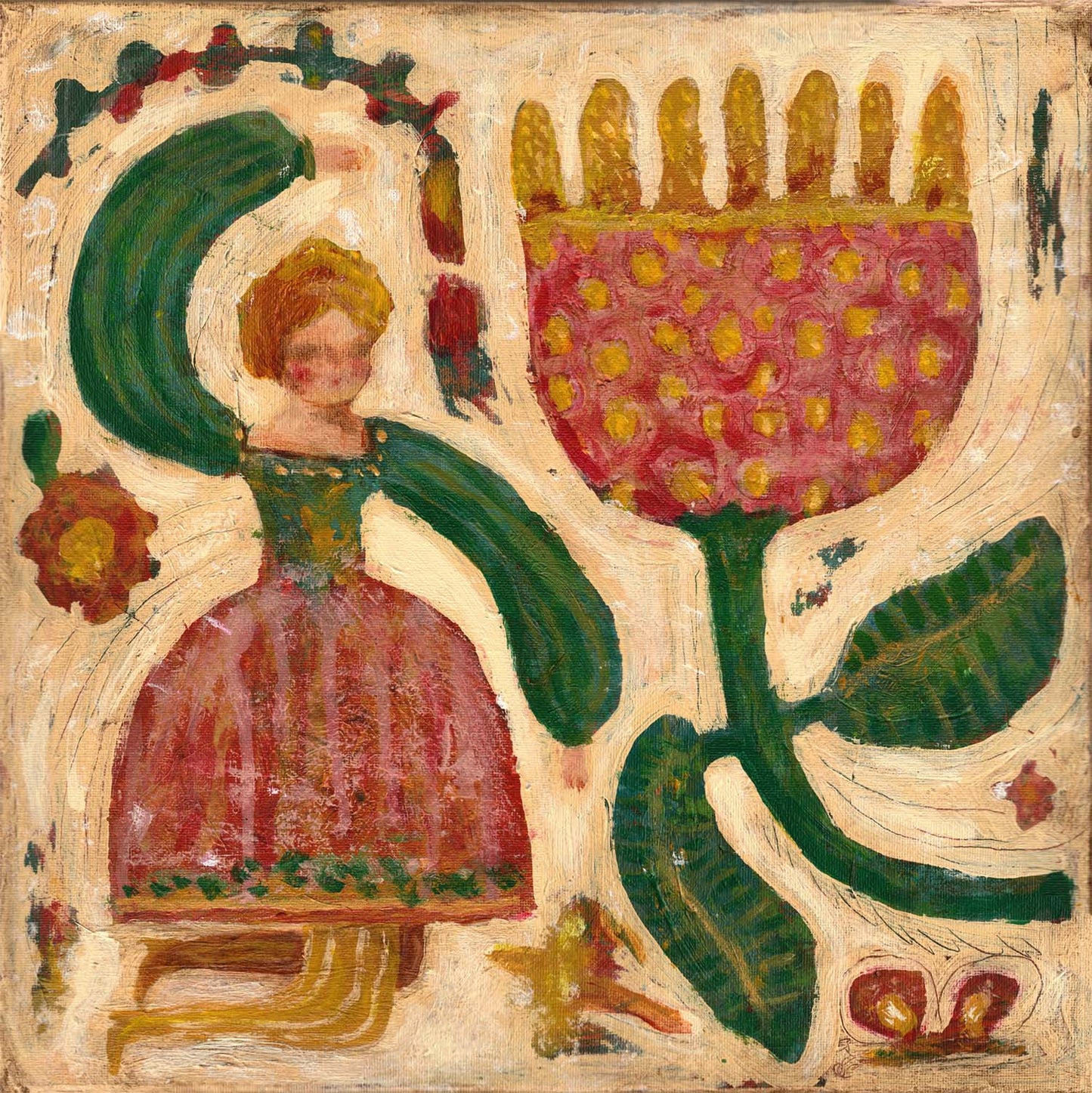 “Bloom Magic” by Idania Salcido, 14x14” acrylic on canvas—folk-art beauty with vibrant blooms, perfect for whimsical, art-filled living spaces.