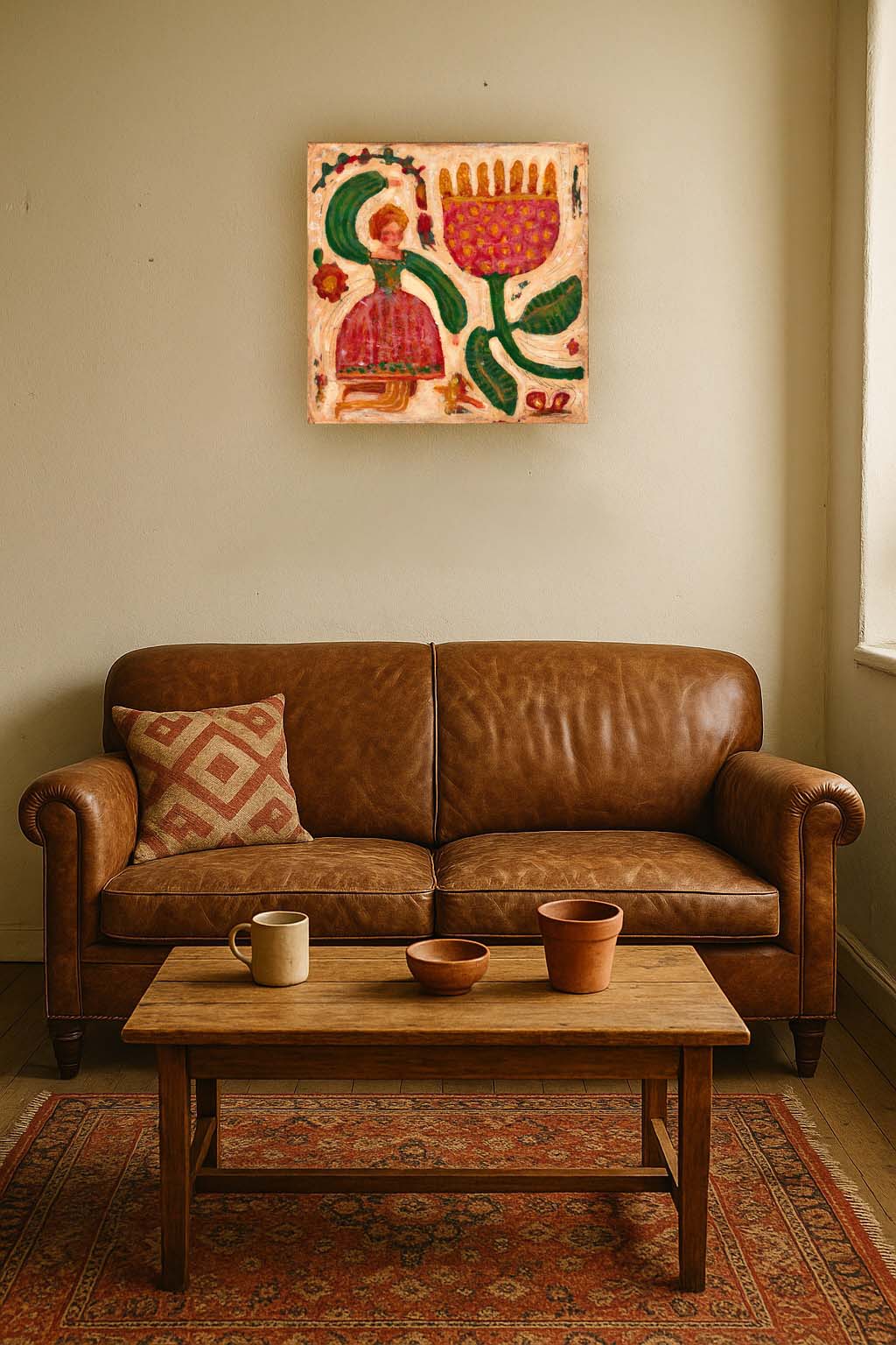 “Bloom Magic” by Idania Salcido, 14x14” acrylic on canvas—folk-art beauty with vibrant blooms, perfect for whimsical, art-filled living spaces.