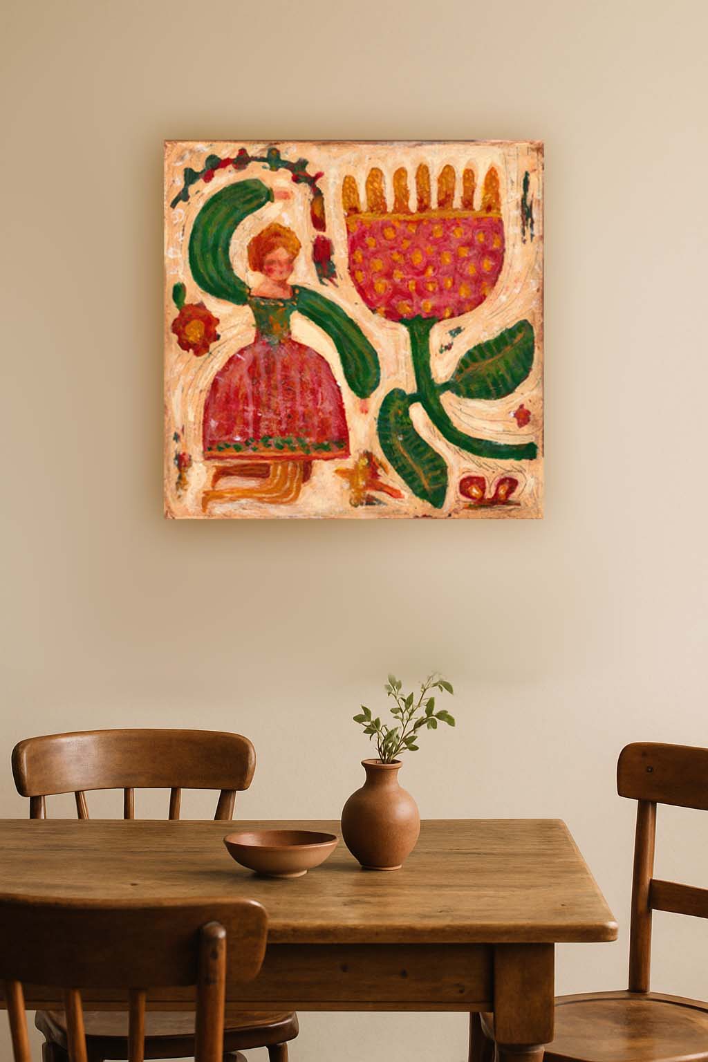 “Bloom Magic” by Idania Salcido, 14x14” acrylic on canvas—folk-art beauty with vibrant blooms, perfect for whimsical, art-filled living spaces.