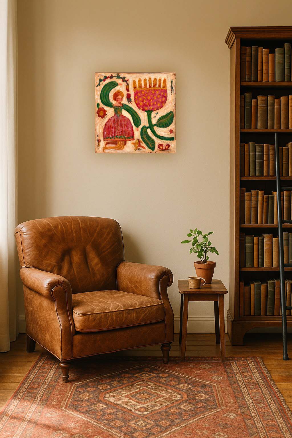 “Bloom Magic” by Idania Salcido, 14x14” acrylic on canvas—folk-art beauty with vibrant blooms, perfect for whimsical, art-filled living spaces.