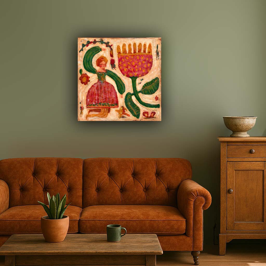 “Bloom Magic” by Idania Salcido, 14x14” acrylic on canvas—folk-art beauty with vibrant blooms, perfect for whimsical, art-filled living spaces.