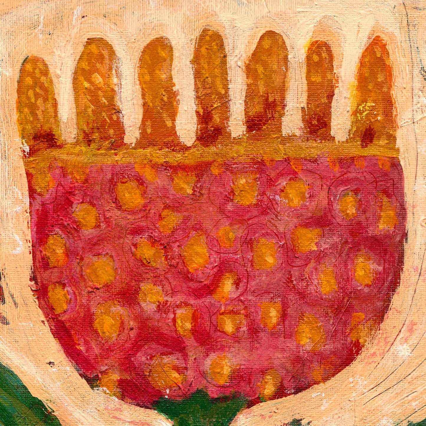 “Bloom Magic” by Idania Salcido, 14x14” acrylic on canvas—folk-art beauty with vibrant blooms, perfect for whimsical, art-filled living spaces.