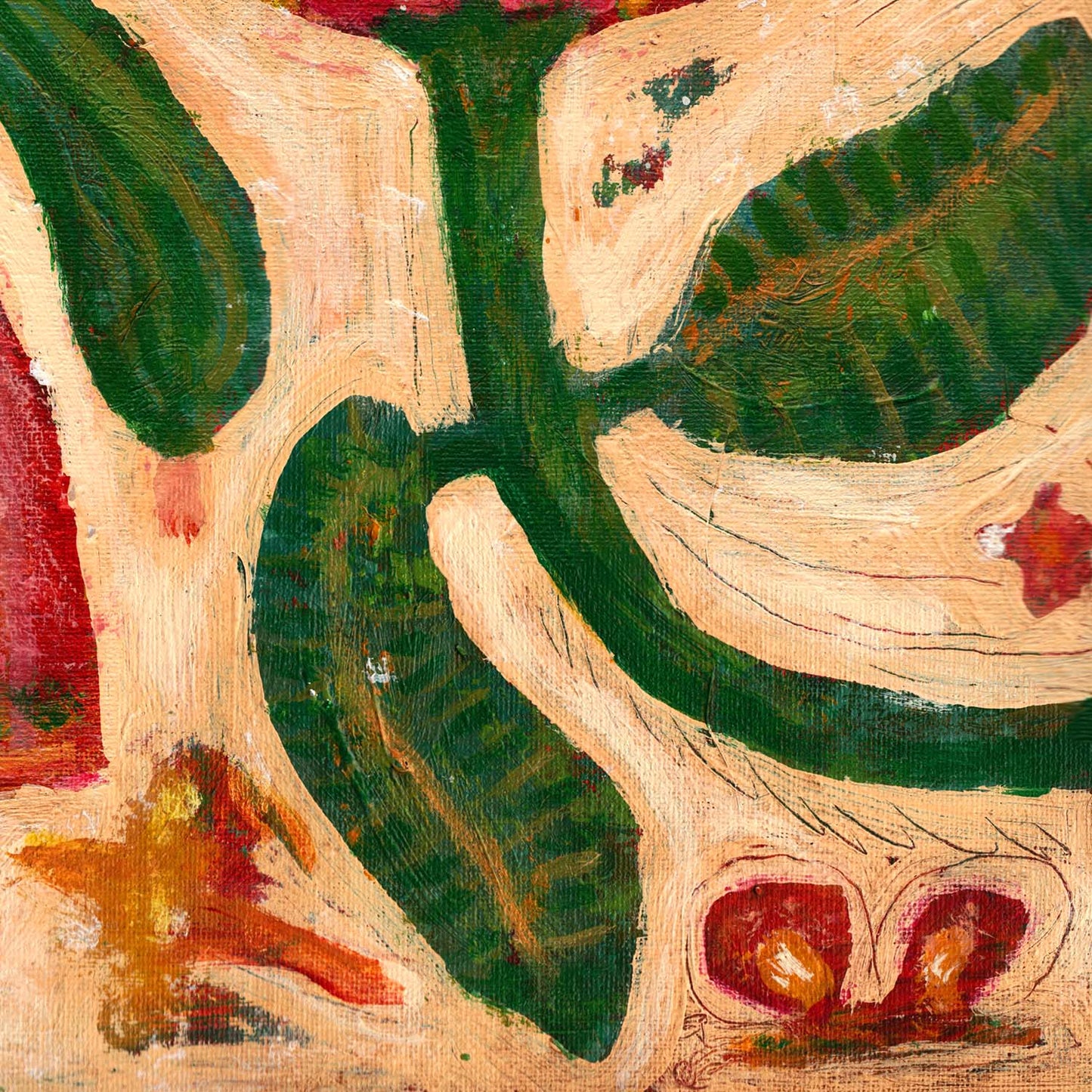 “Bloom Magic” by Idania Salcido, 14x14” acrylic on canvas—folk-art beauty with vibrant blooms, perfect for whimsical, art-filled living spaces.