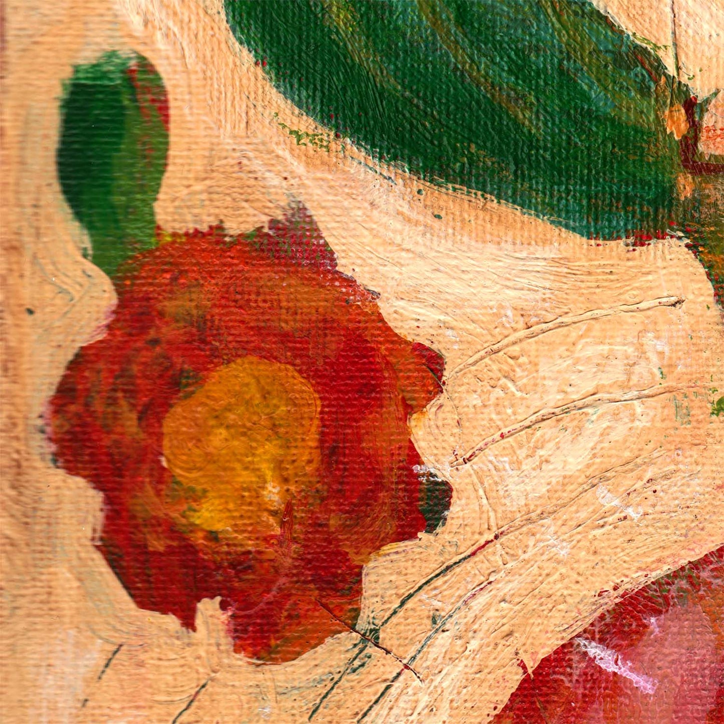 “Bloom Magic” by Idania Salcido, 14x14” acrylic on canvas—folk-art beauty with vibrant blooms, perfect for whimsical, art-filled living spaces.