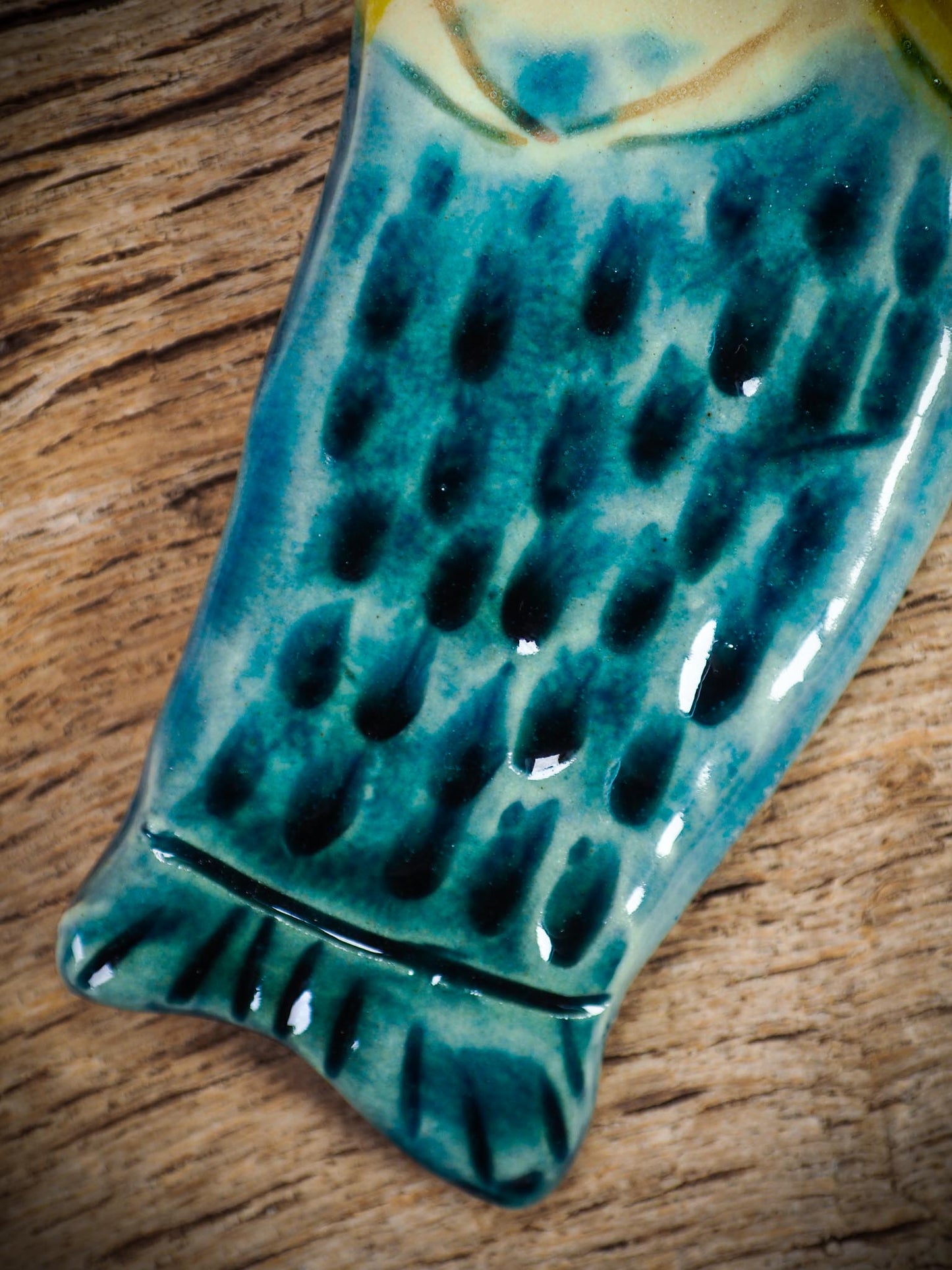 Handmade ceramic mermaid ornament with golden hair and blue-green tail, created by Idania Salcido aka Danita Art for holiday decorating or gifting.