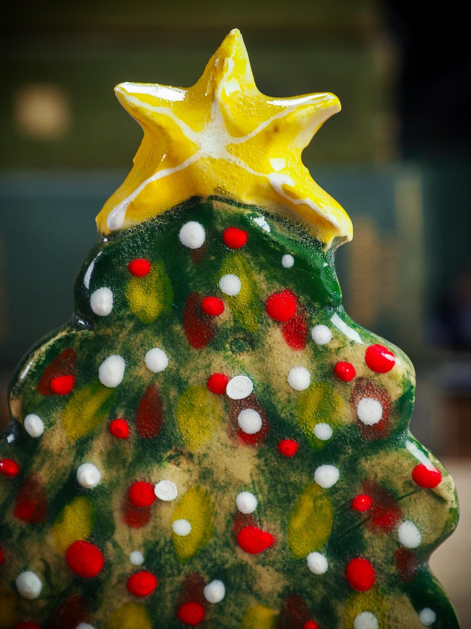 Handmade ceramic Christmas tree scene with child and gifts by Idania Salcido aka Danita Art.