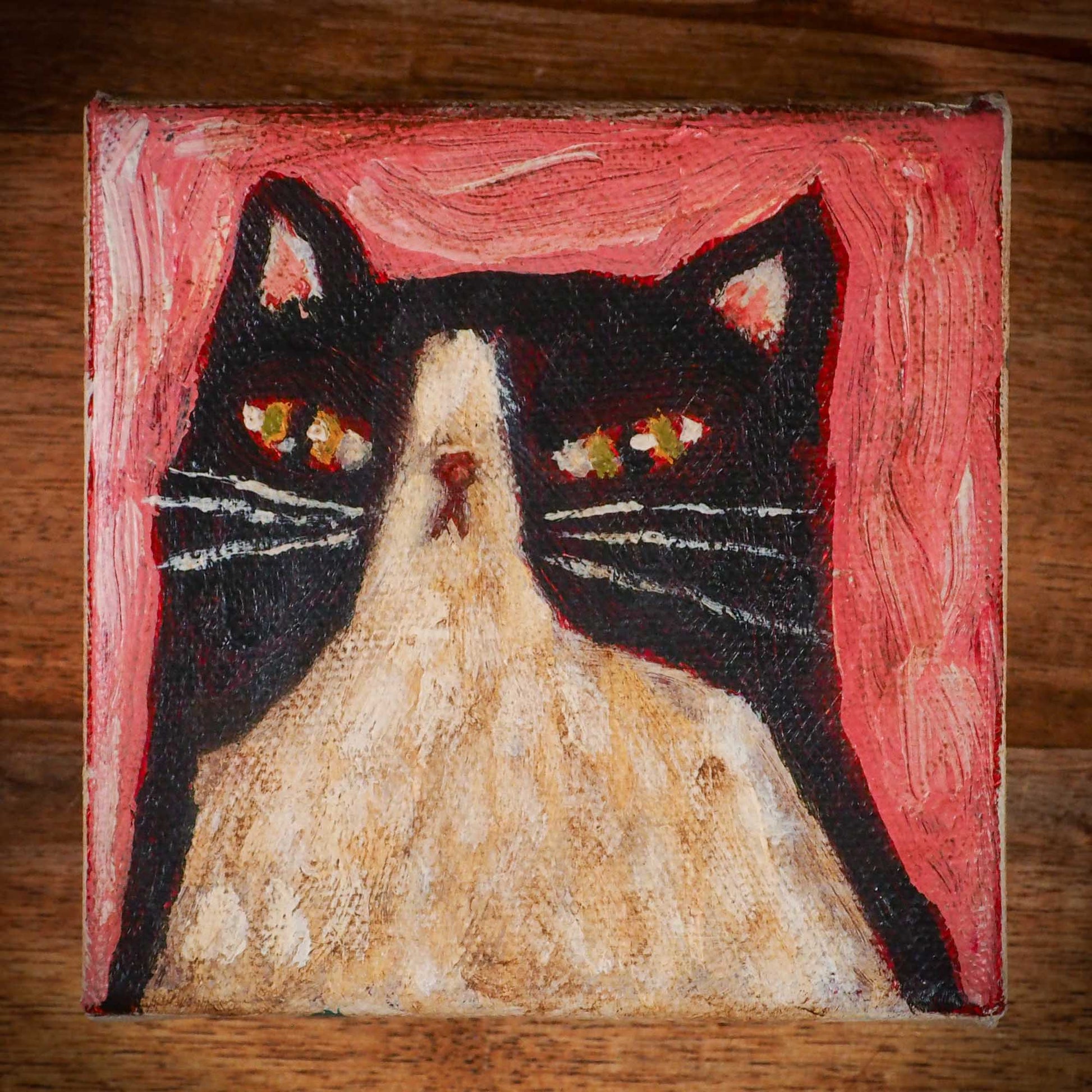 An original acrylic painting by Idania Salcido, Danita Art, depicting a tuxedo cat posing on a serious pose. A cat doing cat things.