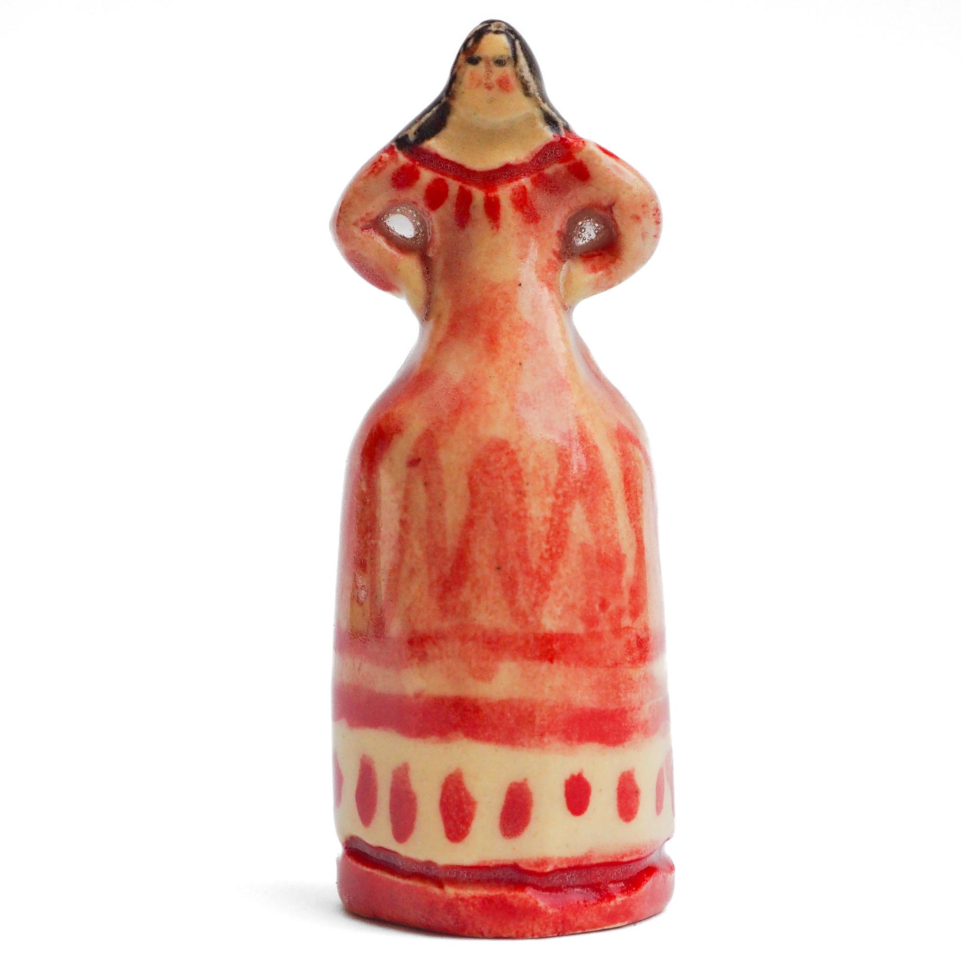 Handmade ceramic woman totem amulet figurine hand painted by Idania Salcido, the artist behind Danita art. Ceramic simulates carved wood with colorful glazes.