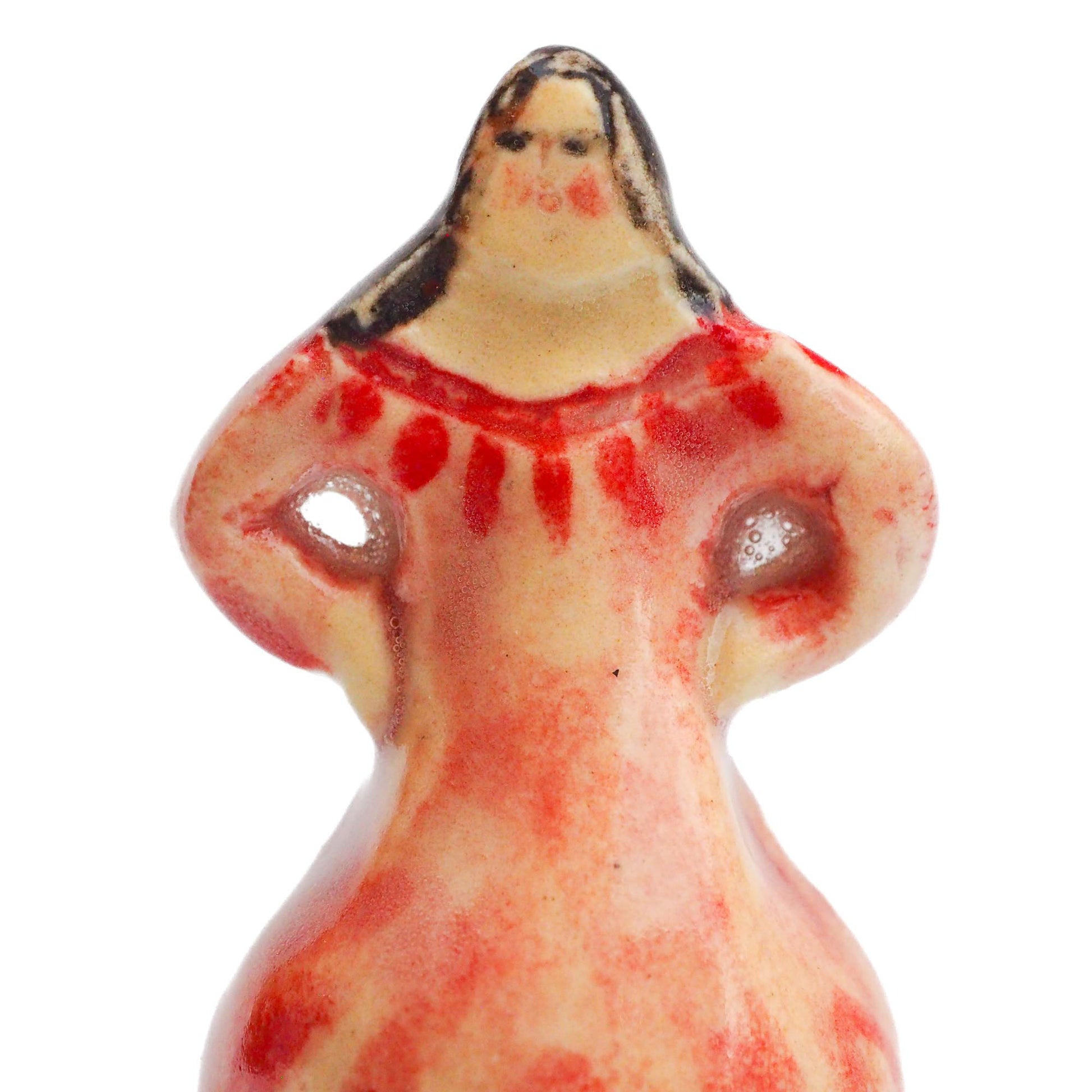 Handmade ceramic woman totem amulet figurine hand painted by Idania Salcido, the artist behind Danita art. Ceramic simulates carved wood with colorful glazes.