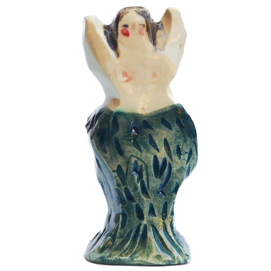 Handmade ceramic mermaid totem amulet figurine hand painted by Idania Salcido, the artist behind Danita art. Ceramic simulates carved wood with colorful glazes.