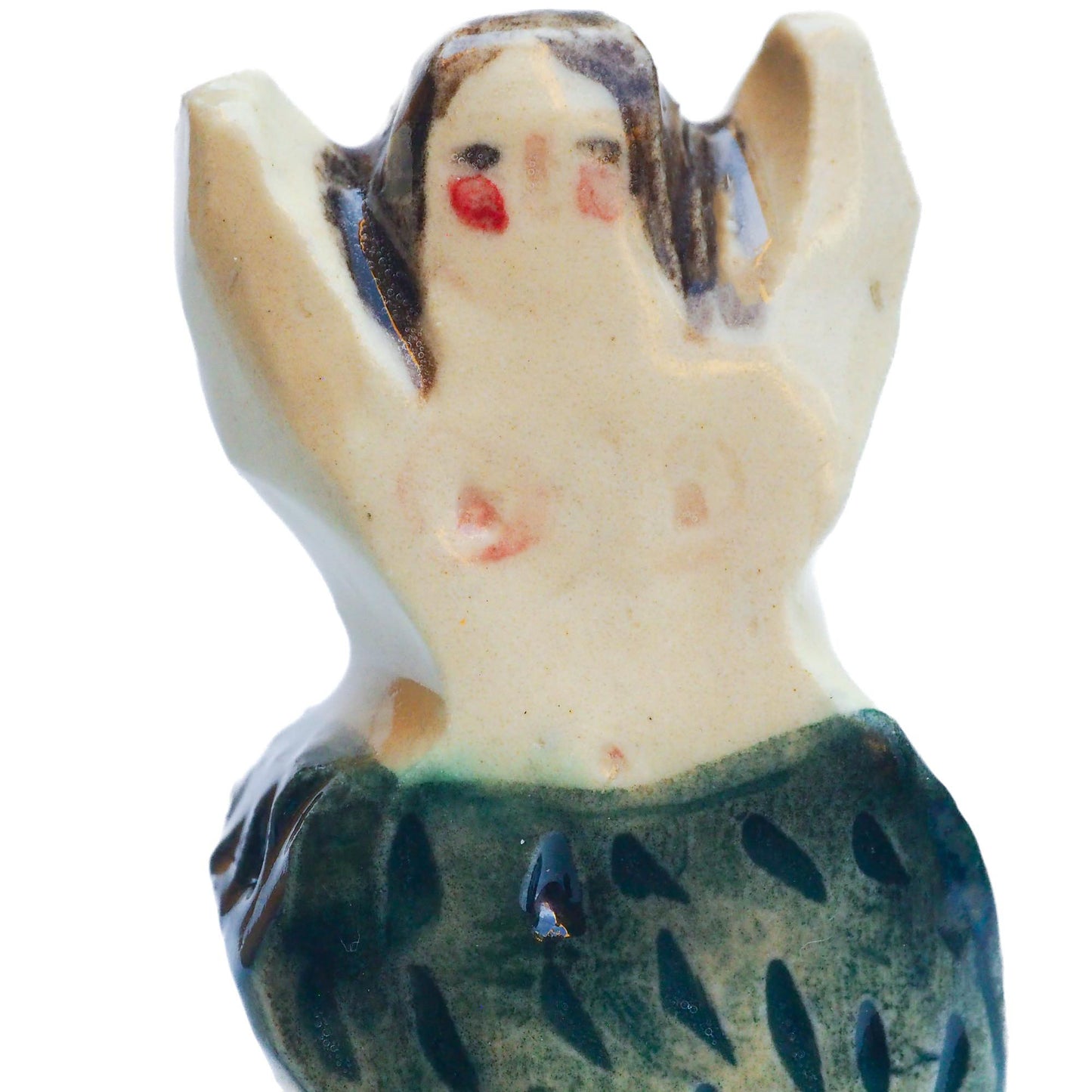 Handmade ceramic mermaid totem amulet figurine hand painted by Idania Salcido, the artist behind Danita art. Ceramic simulates carved wood with colorful glazes.