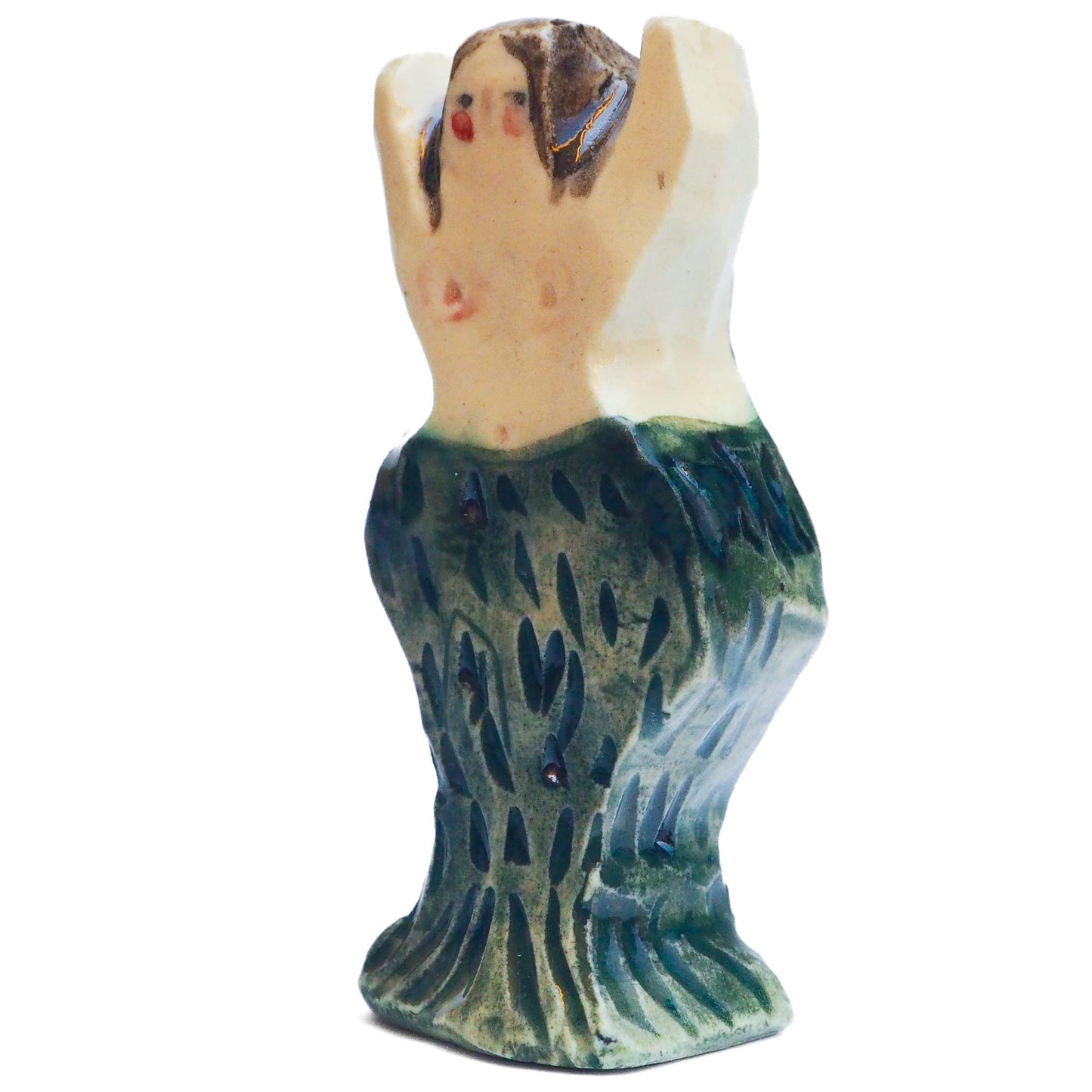Handmade ceramic mermaid totem amulet figurine hand painted by Idania Salcido, the artist behind Danita art. Ceramic simulates carved wood with colorful glazes.