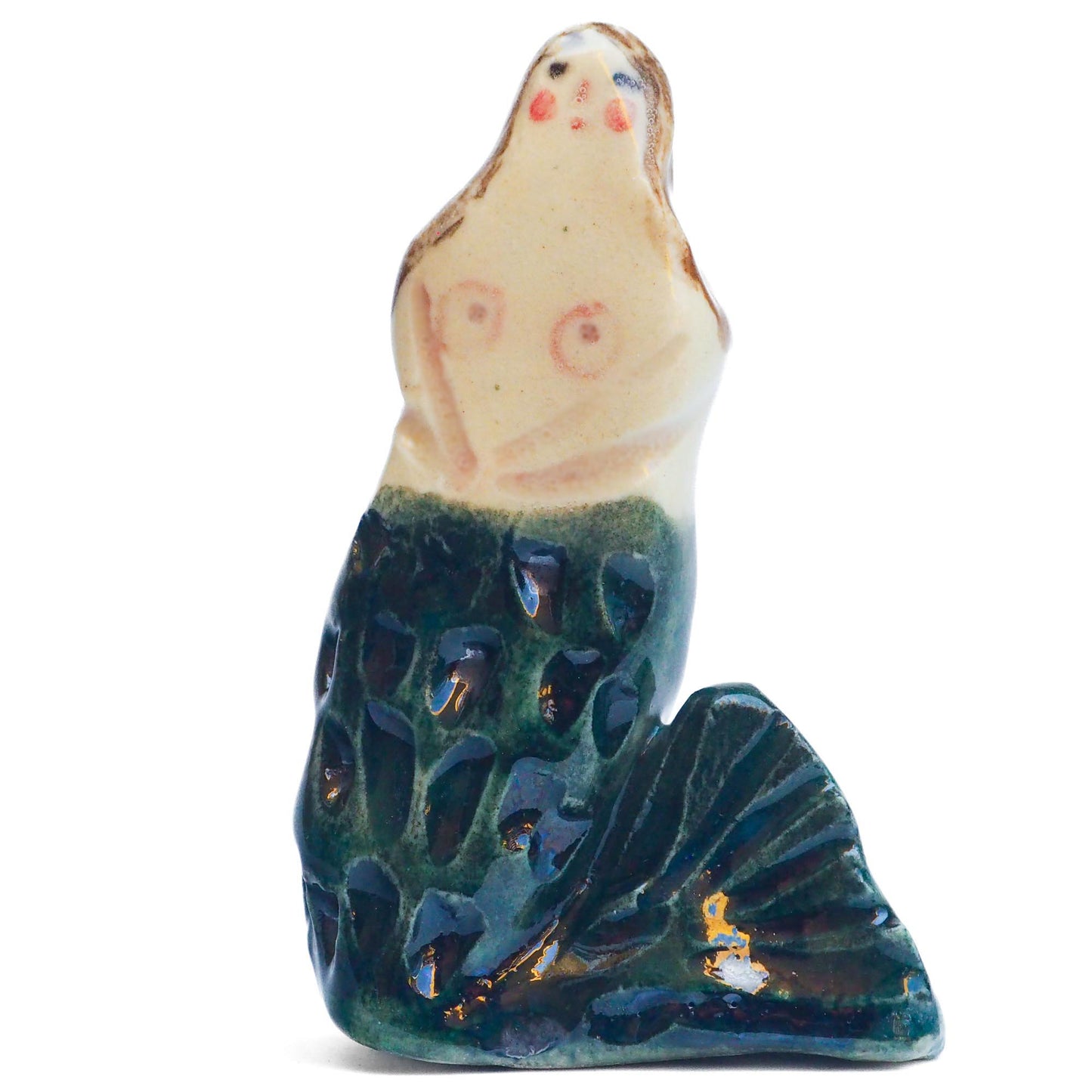 Handmade ceramic mermaid totem amulet figurine hand painted by Idania Salcido, the artist behind Danita art. Ceramic simulates carved wood with colorful glazes.