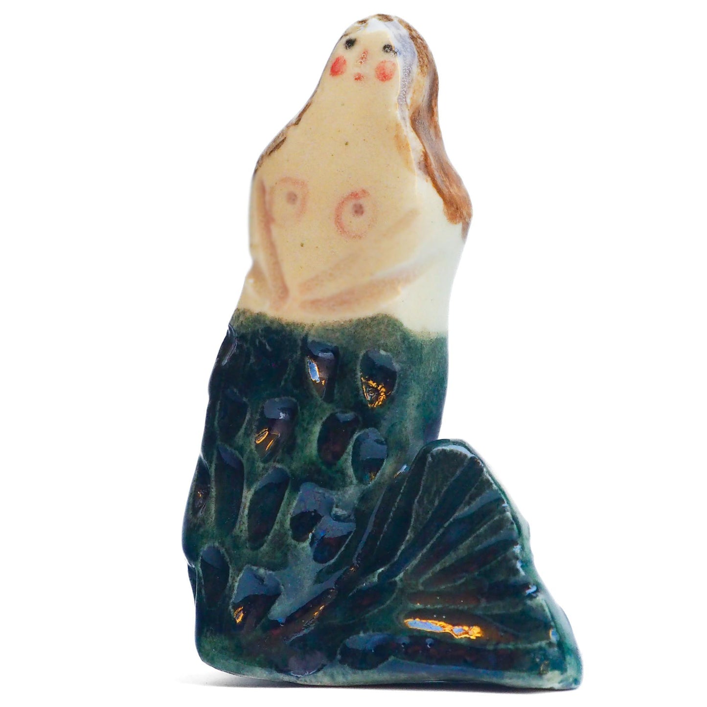 Handmade ceramic mermaid totem amulet figurine hand painted by Idania Salcido, the artist behind Danita art. Ceramic simulates carved wood with colorful glazes.