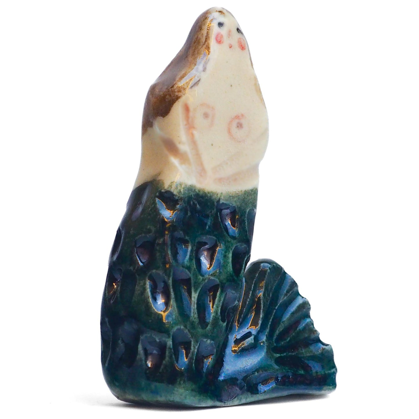 Handmade ceramic mermaid totem amulet figurine hand painted by Idania Salcido, the artist behind Danita art. Ceramic simulates carved wood with colorful glazes.