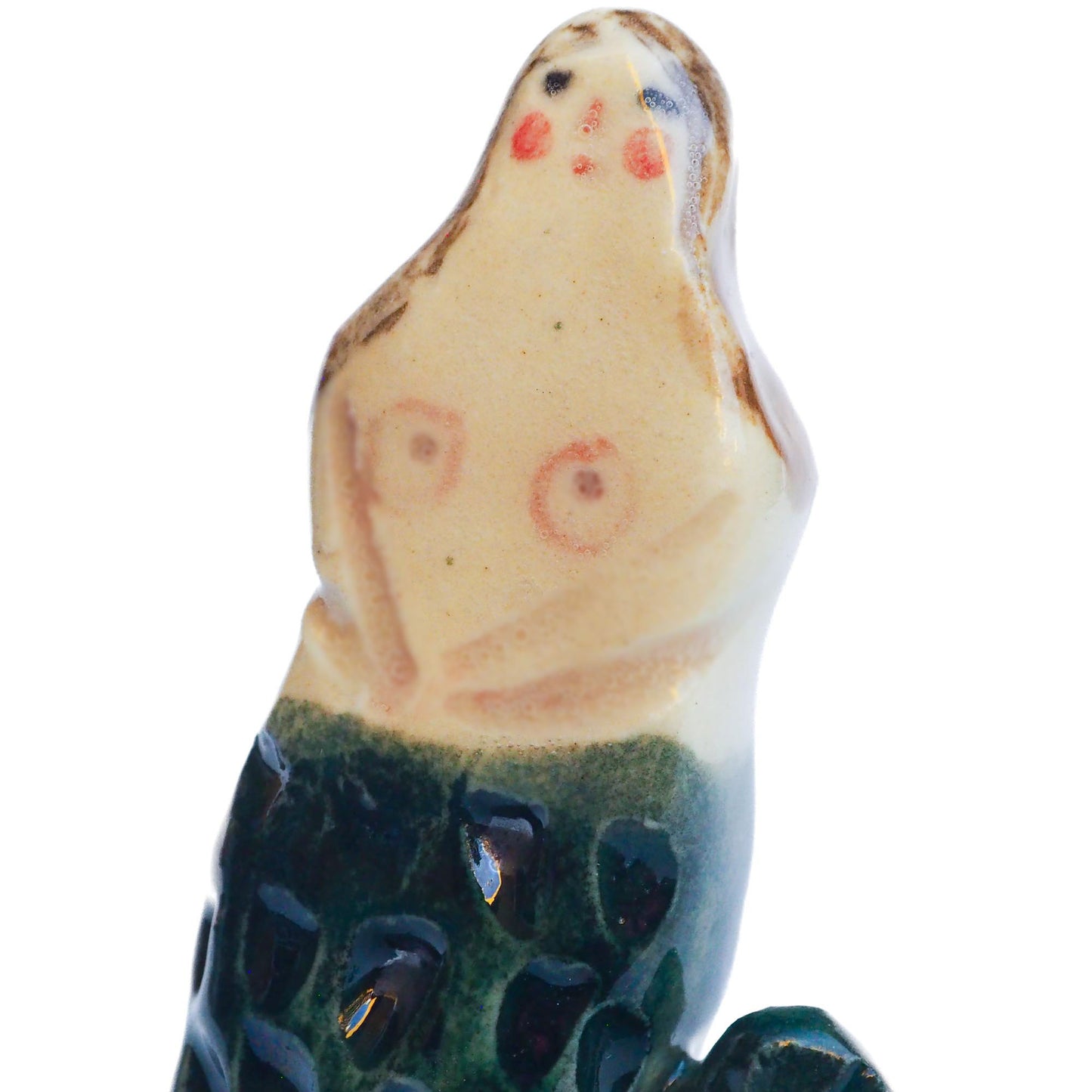 Handmade ceramic mermaid totem amulet figurine hand painted by Idania Salcido, the artist behind Danita art. Ceramic simulates carved wood with colorful glazes.