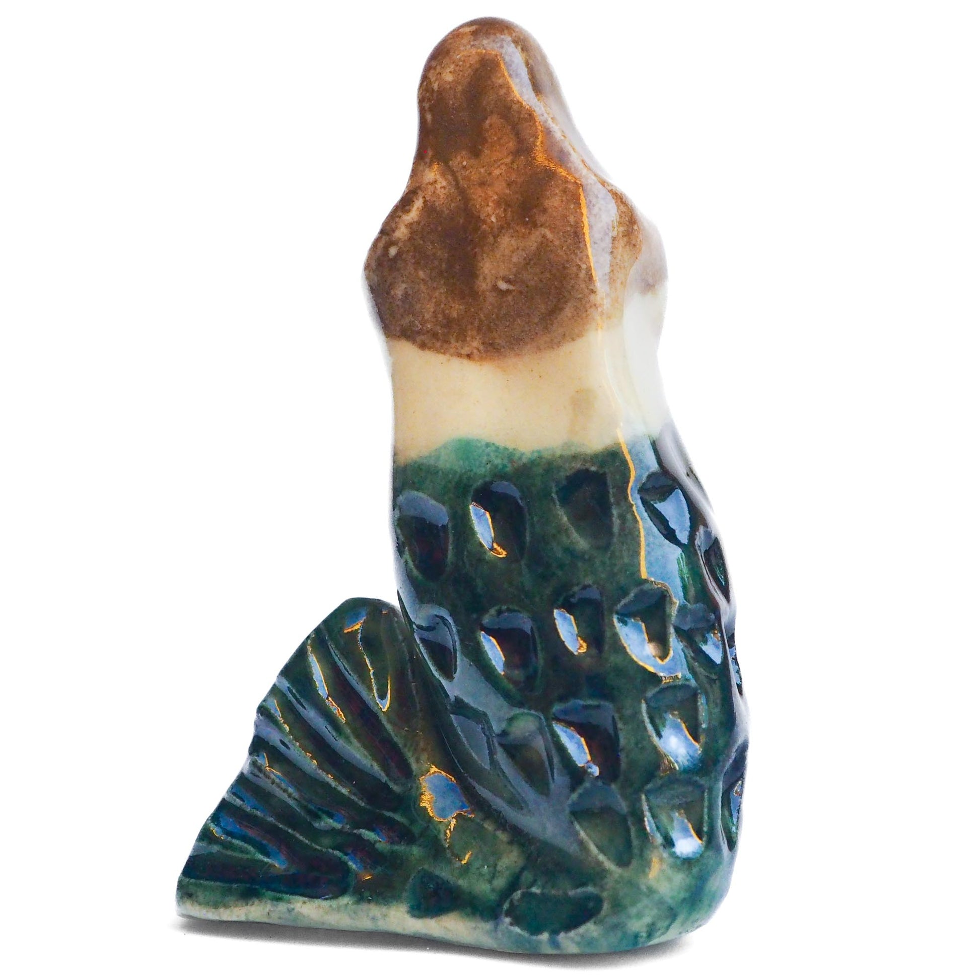 Handmade ceramic mermaid totem amulet figurine hand painted by Idania Salcido, the artist behind Danita art. Ceramic simulates carved wood with colorful glazes.