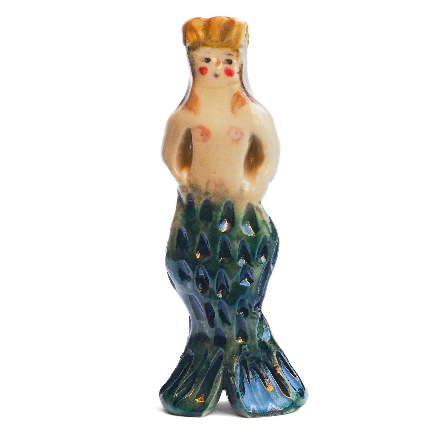 Handmade ceramic mermaid totem amulet figurine hand painted by Idania Salcido, the artist behind Danita art. Ceramic simulates carved wood with colorful glazes.