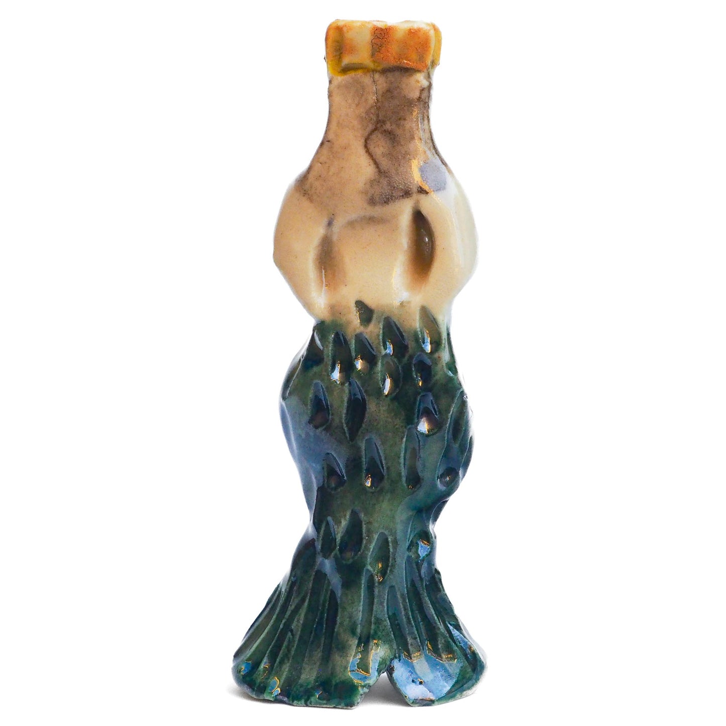Handmade ceramic mermaid totem amulet figurine hand painted by Idania Salcido, the artist behind Danita art. Ceramic simulates carved wood with colorful glazes.
