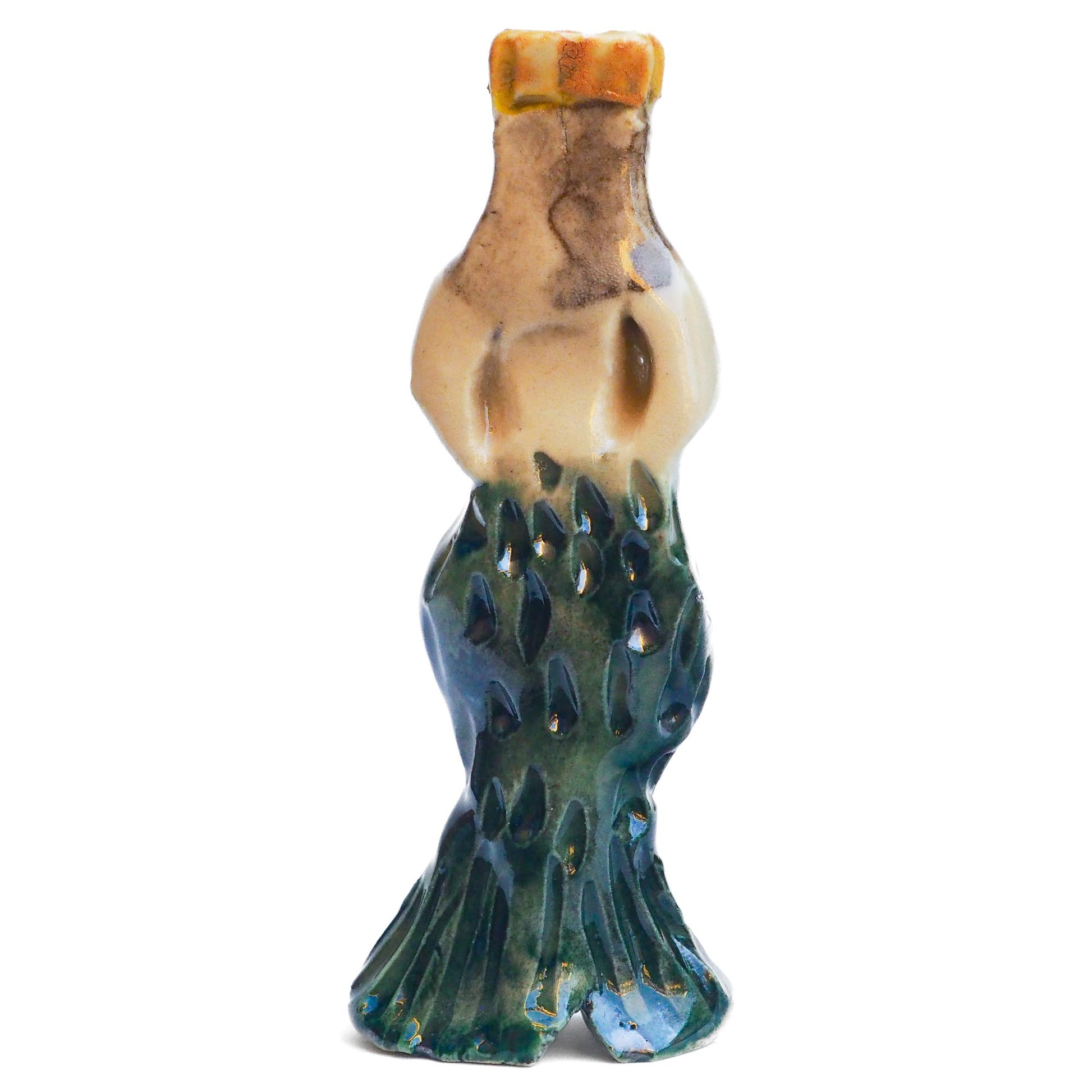 Handmade ceramic mermaid totem amulet figurine hand painted by Idania Salcido, the artist behind Danita art. Ceramic simulates carved wood with colorful glazes.