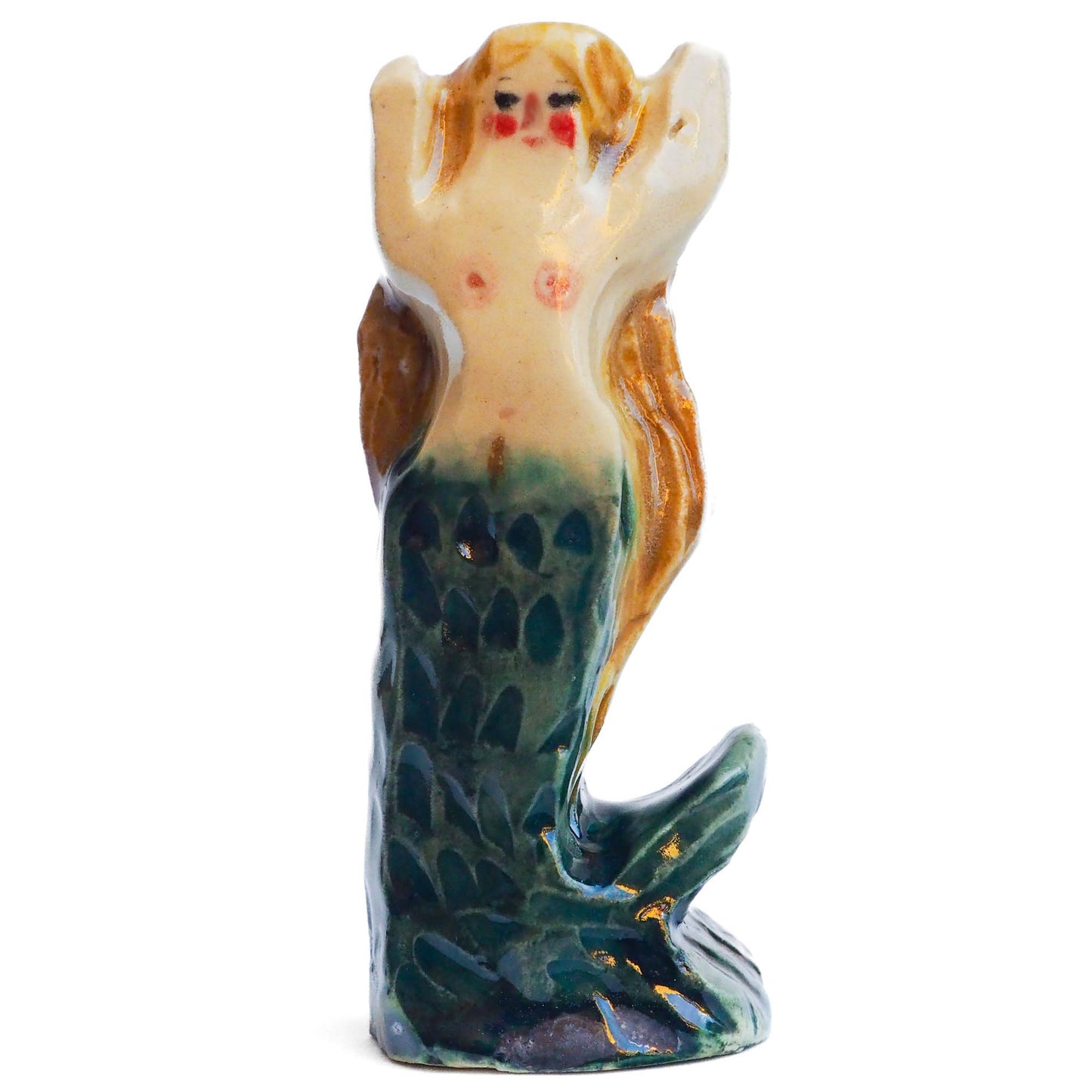Handmade ceramic mermaid totem amulet figurine hand painted by Idania Salcido, the artist behind Danita art. Ceramic simulates carved wood with colorful glazes.