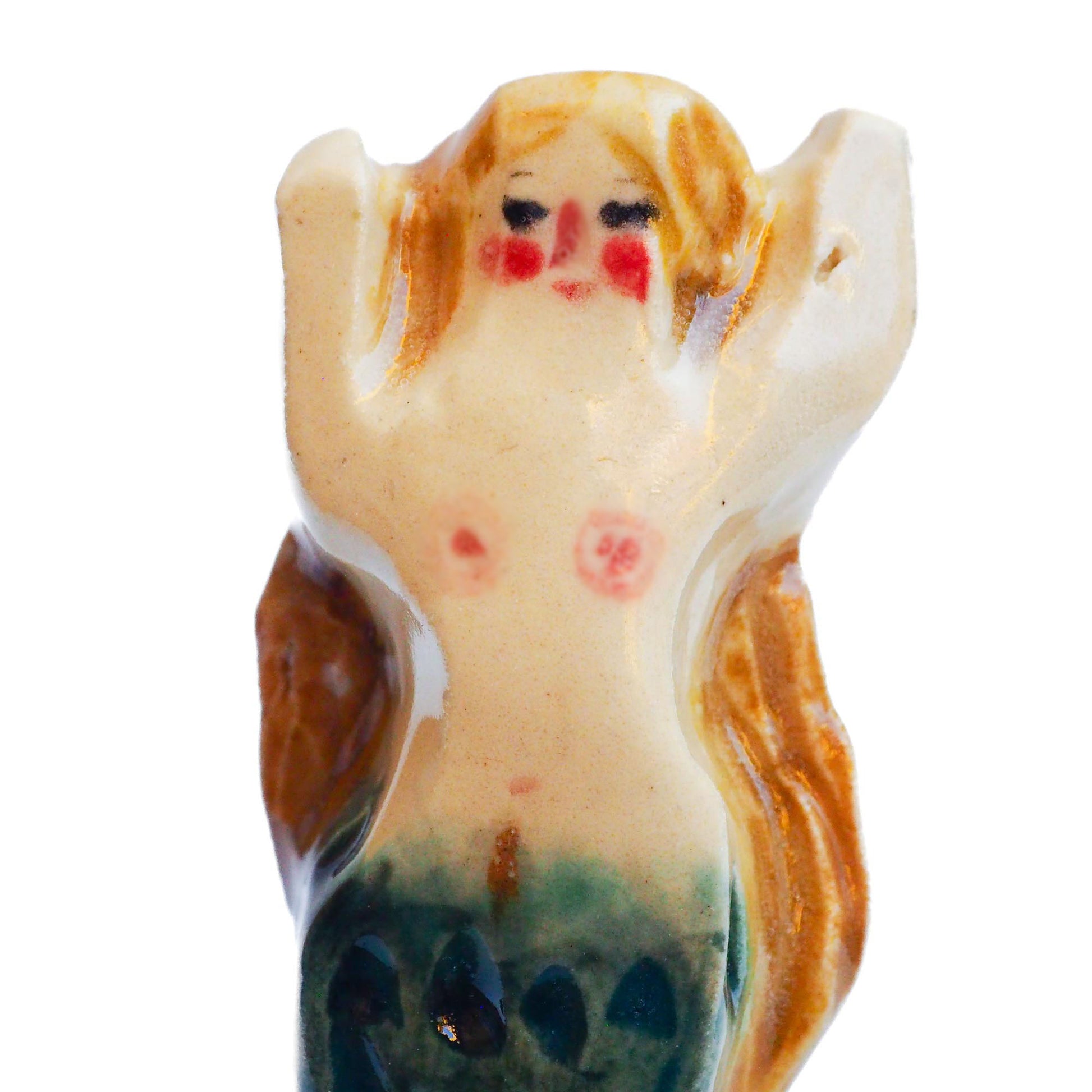 Handmade ceramic mermaid totem amulet figurine hand painted by Idania Salcido, the artist behind Danita art. Ceramic simulates carved wood with colorful glazes.