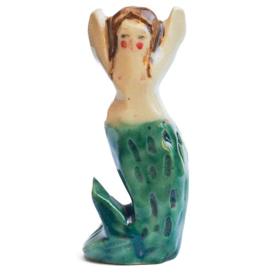 Handmade ceramic mermaid totem amulet figurine hand painted by Idania Salcido, the artist behind Danita art. Ceramic simulates carved wood with colorful glazes.