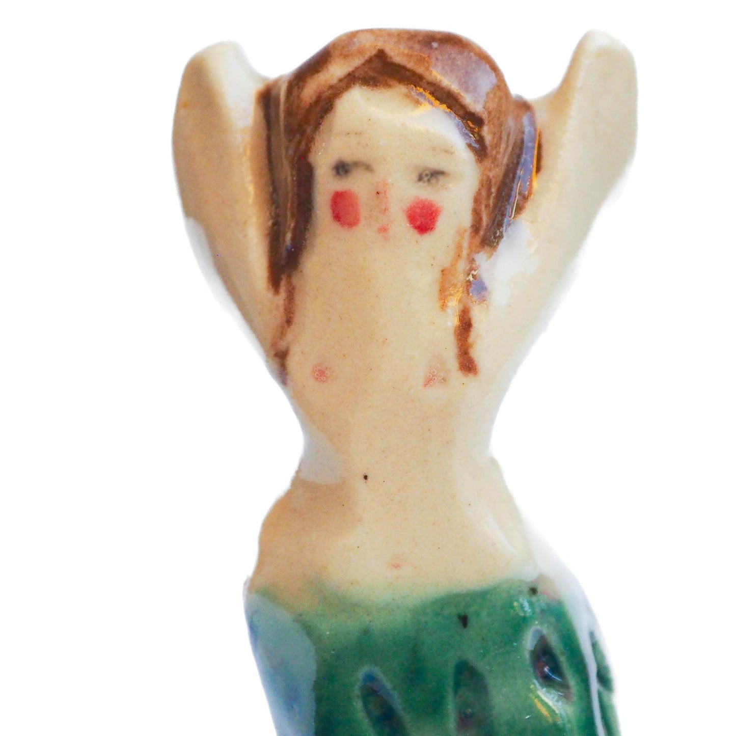 Handmade ceramic mermaid totem amulet figurine hand painted by Idania Salcido, the artist behind Danita art. Ceramic simulates carved wood with colorful glazes.