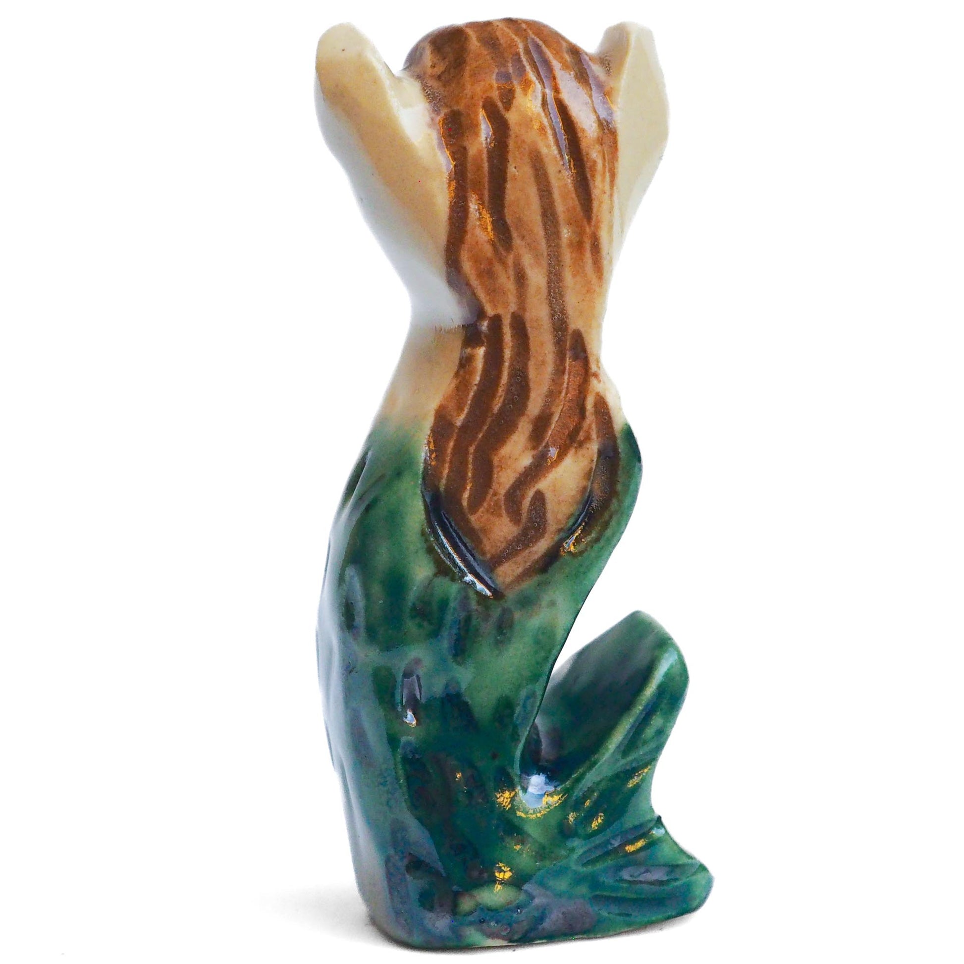 Handmade ceramic mermaid totem amulet figurine hand painted by Idania Salcido, the artist behind Danita art. Ceramic simulates carved wood with colorful glazes.